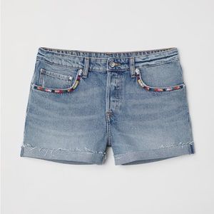 H&M Embroidered-Trim Pocket Denim Shorts